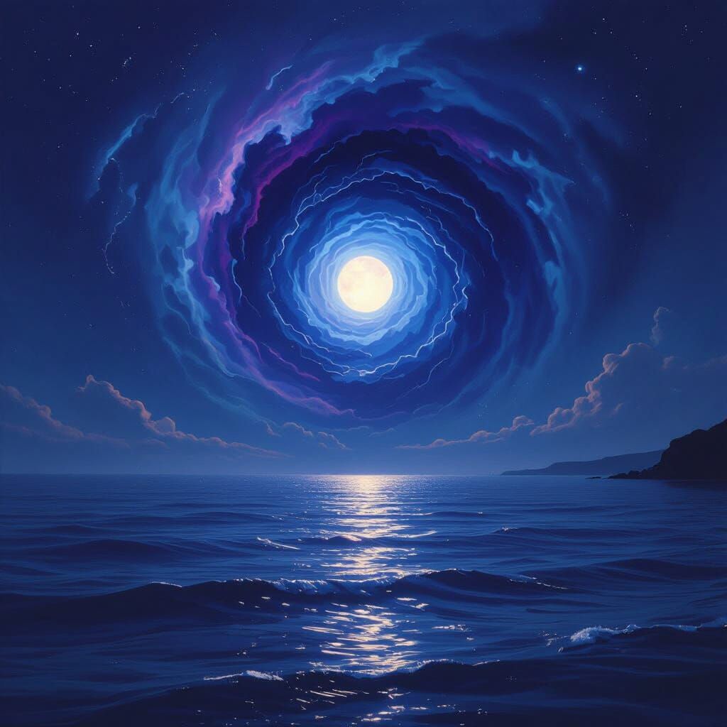 Ethereal Vortex of Energy Over Moonlit Ocean