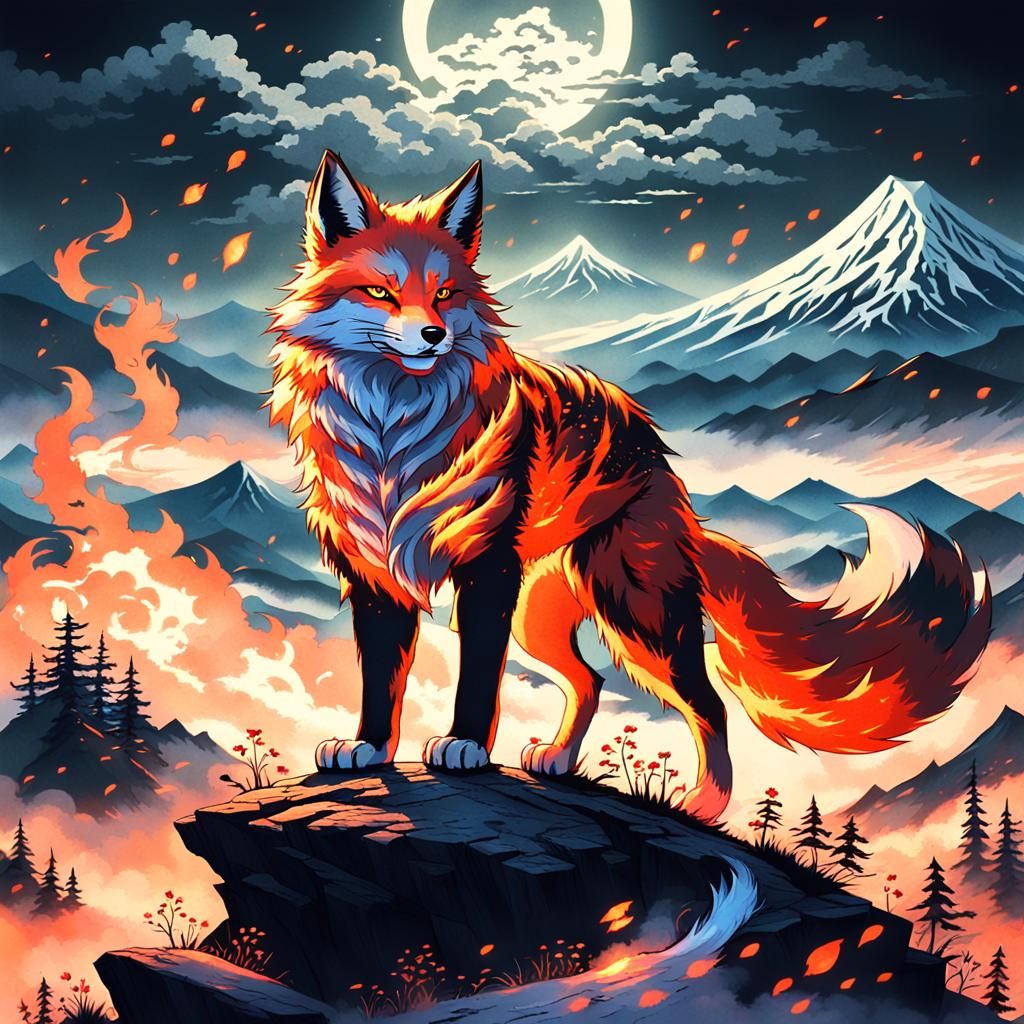 Kitsune Kensai on Misty Peak: Ukiyo-e Style