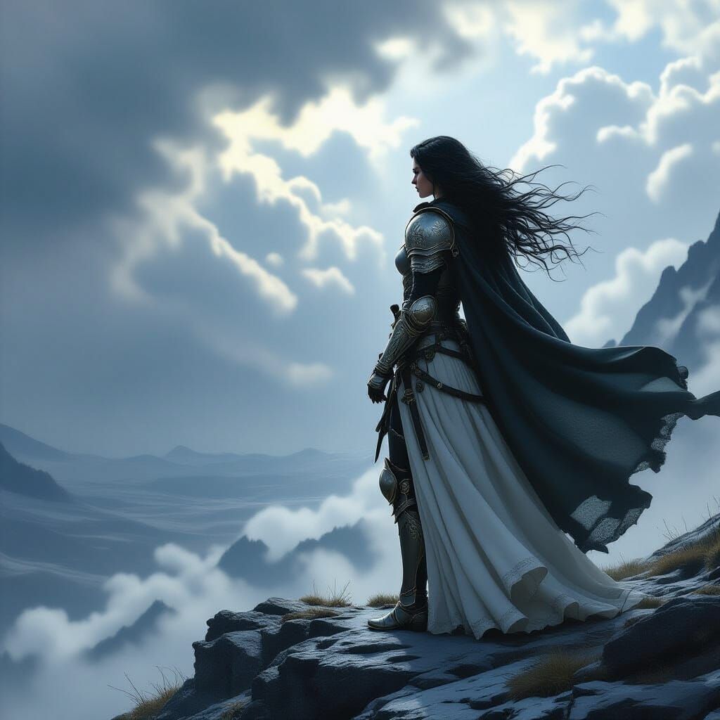 Epic Fantasy Knight on Mountain Peak at Dusk