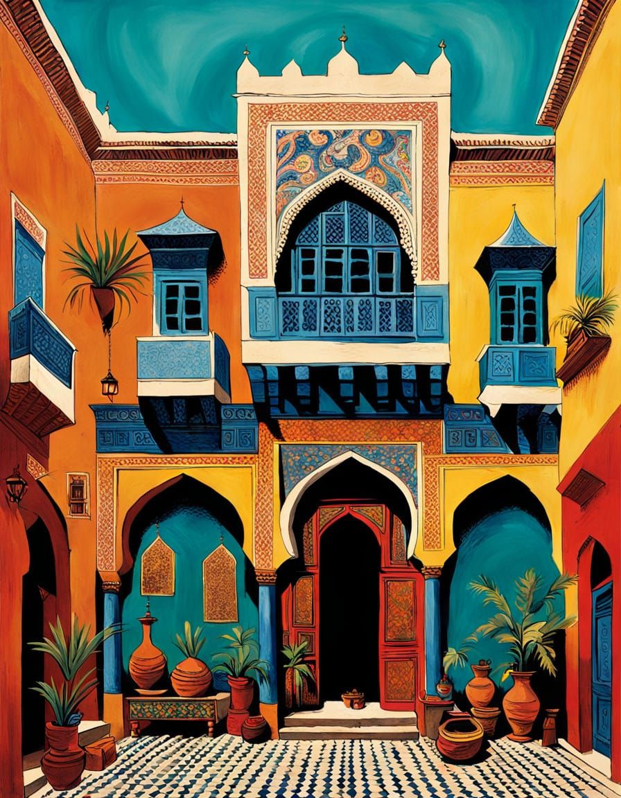 19th-Century Moroccan Casbah in Vibrant Colors and Intricate...