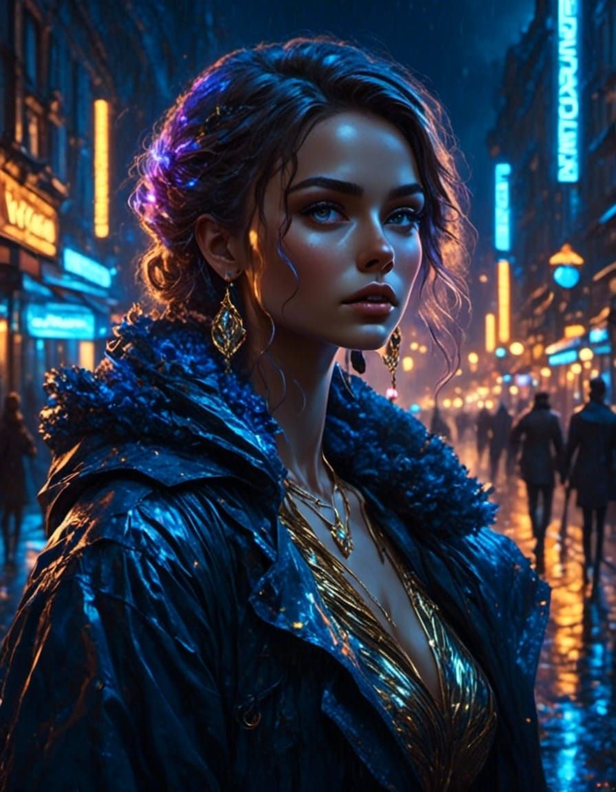 Animated Ukrainian Woman Portrait in Rainy City Night