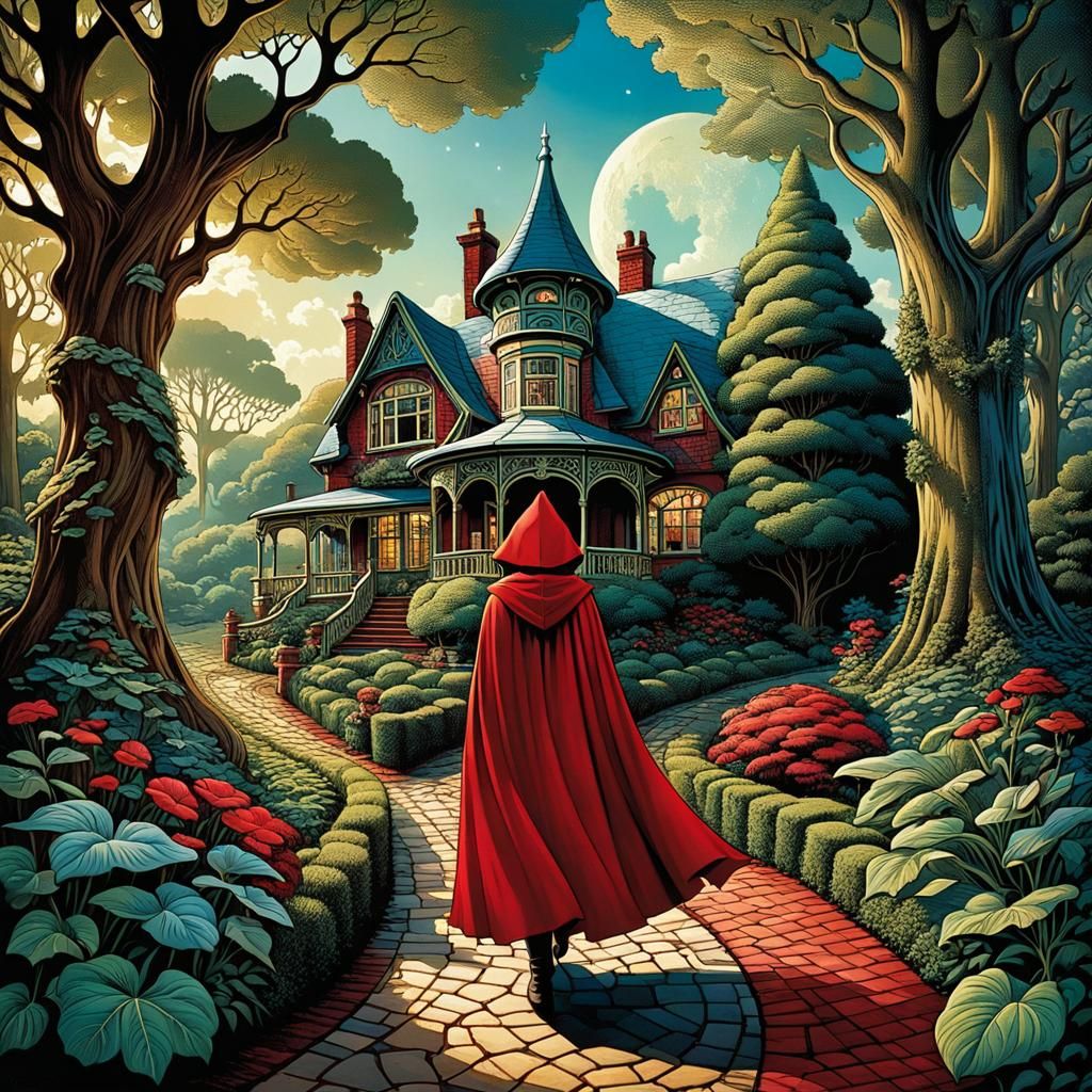 Four quadrant colorful pop art of little red riding hood :: wolf :: mystery woods :: charming cottage :: Magnificent gar...