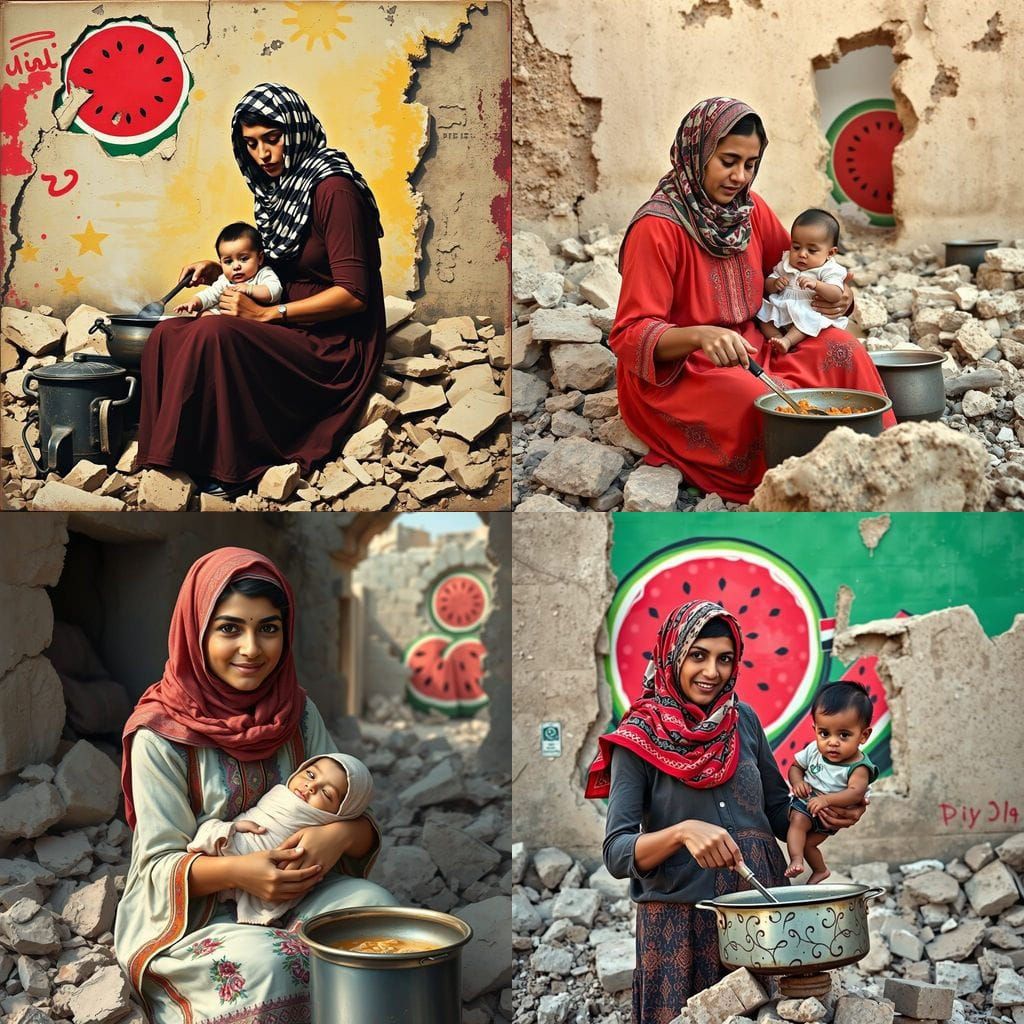 Palestinian Mother Cooking in Rubble with Child