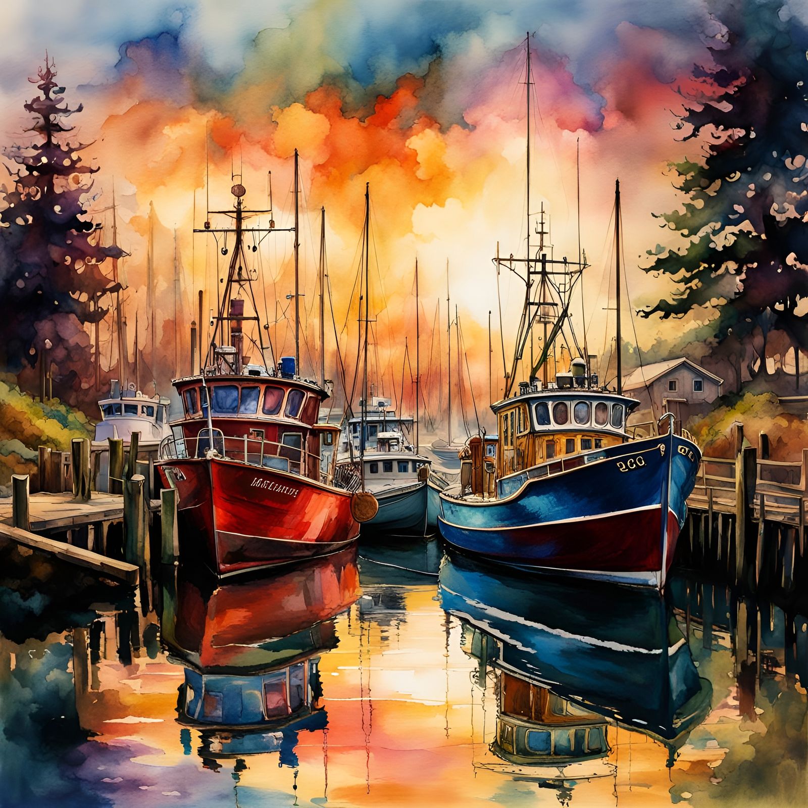 Boats Docked at Newport Oregon in Watercolor Style