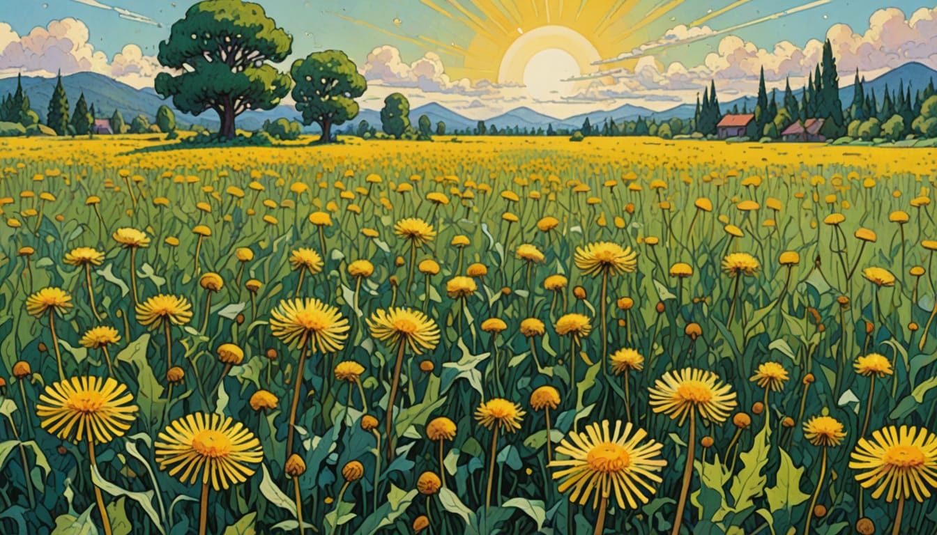Giant Dandelions in Surreal Impressionist Landscape