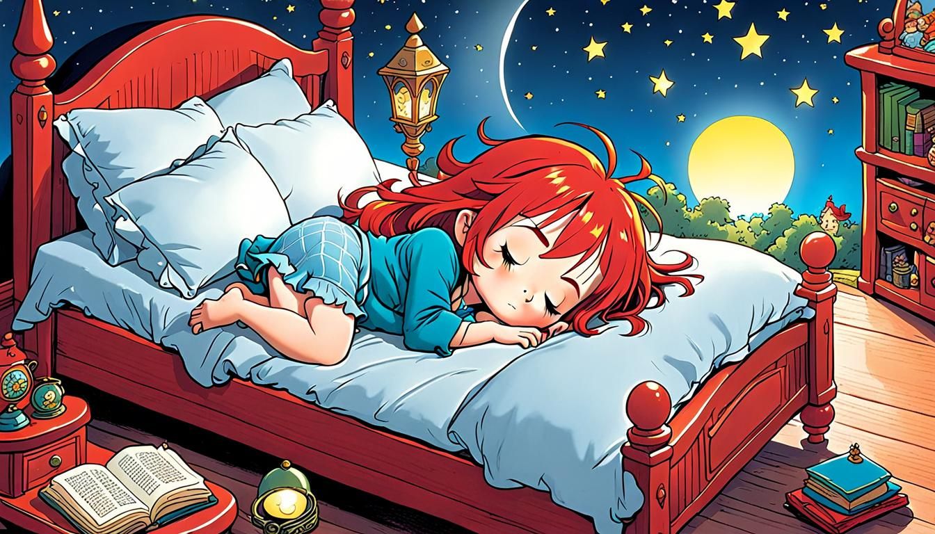 Charming Red-Haired Girl Slumbers in Whimsical Fantasy Land