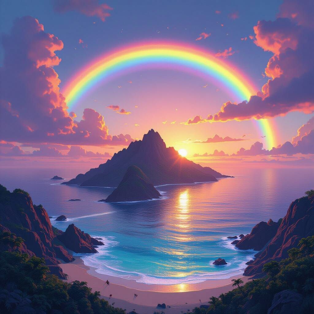 Island Vista Under Rainbow Sunset Matte Painting