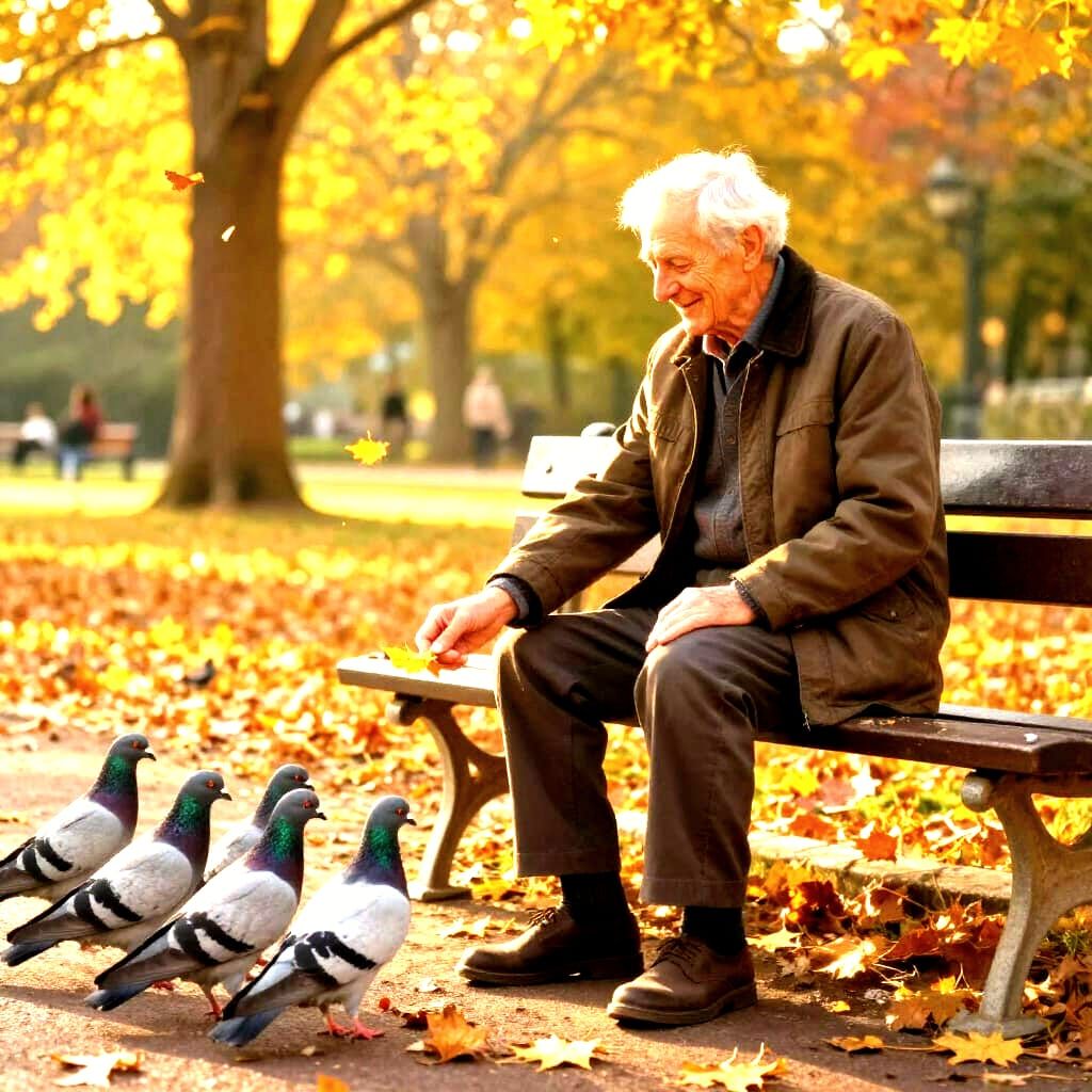 Elderly Man Feeds Pigeons in Golden Autumn Light