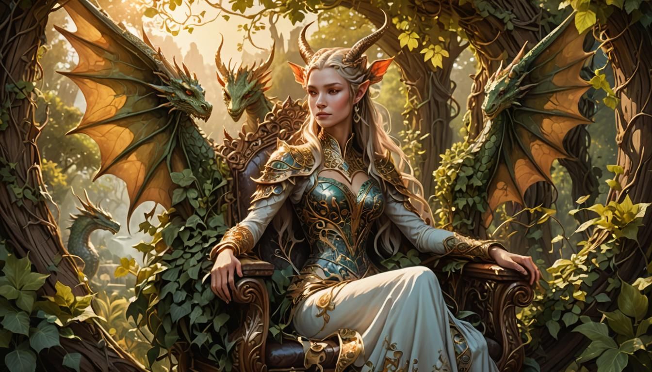 Dragoness on Ornate Chair in Fantasy Landscape