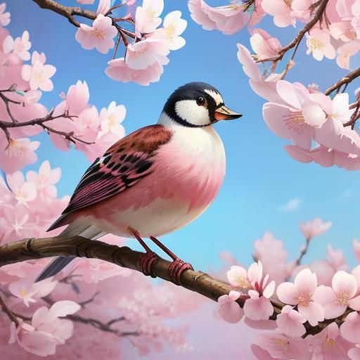 Bird on Branch in Cherry Blossom Game Art