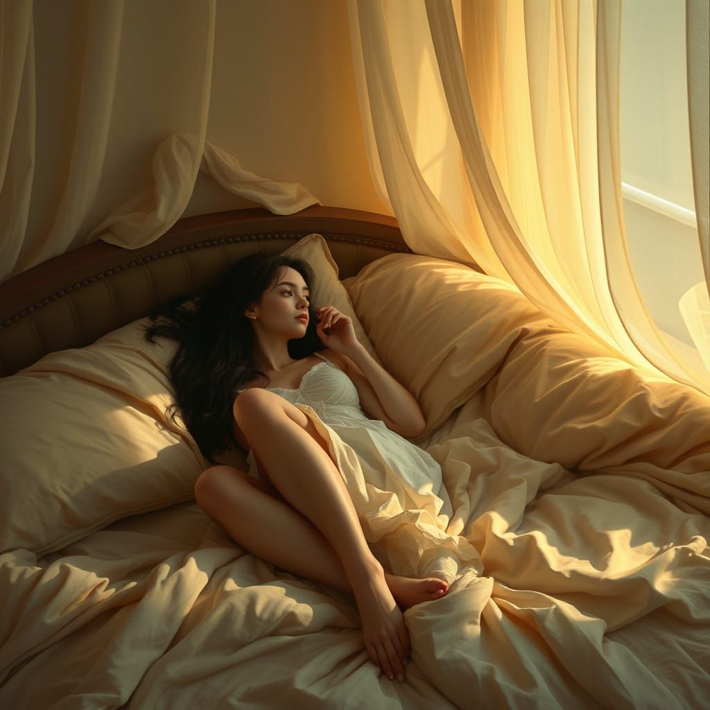 Young Woman Contemplating in Soft, Golden Ambiance
