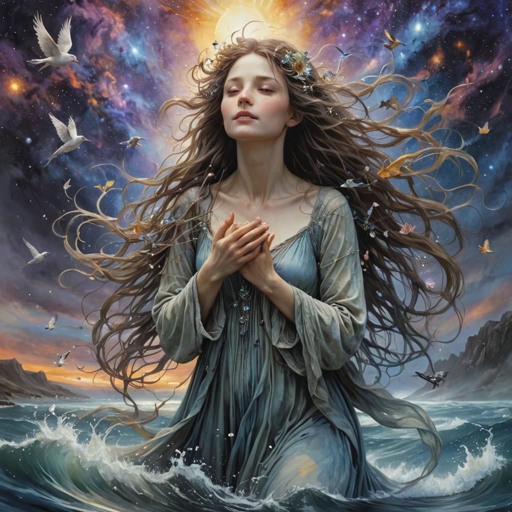 Woman Holding Galaxy in Dreamlike Nature Collage