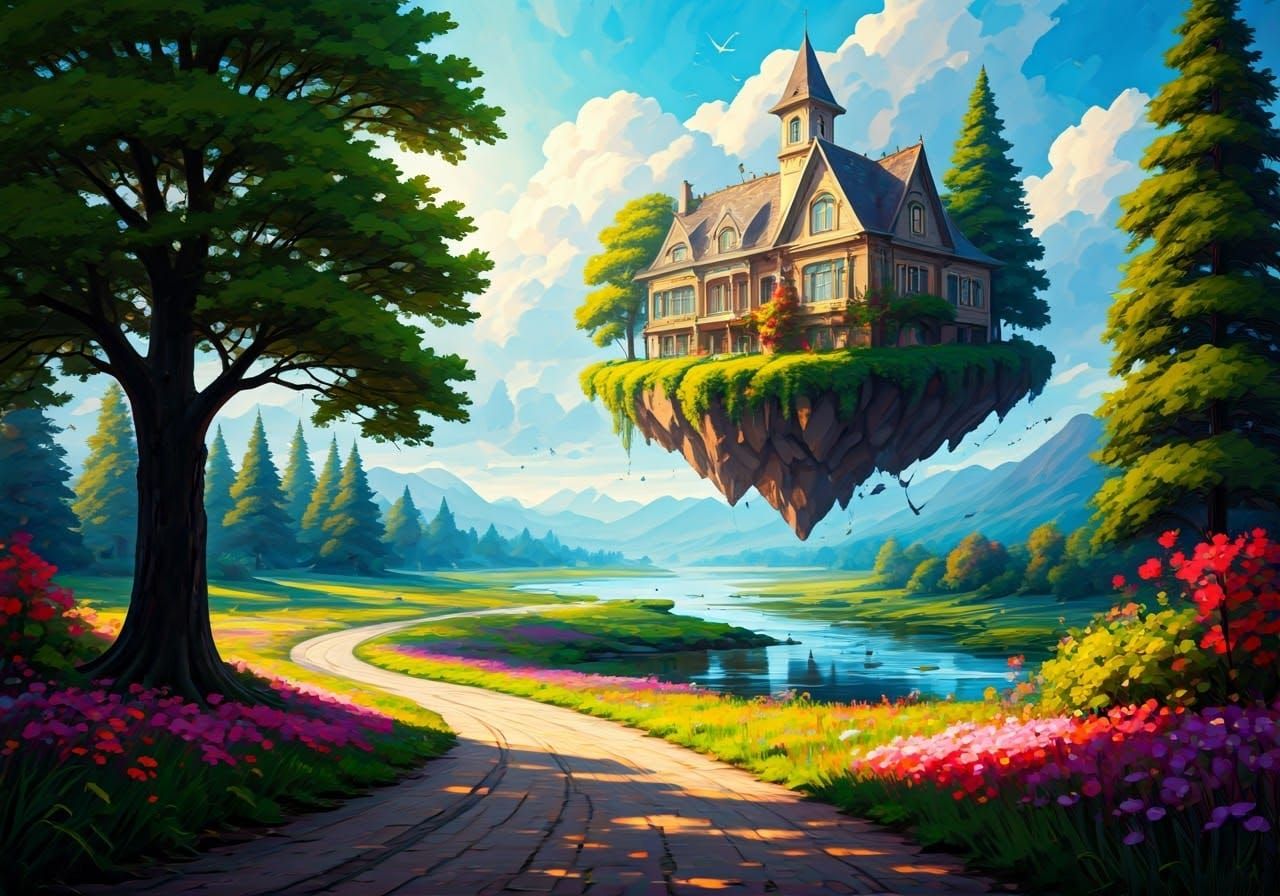 Floating Country House in Fantasy Realism Style