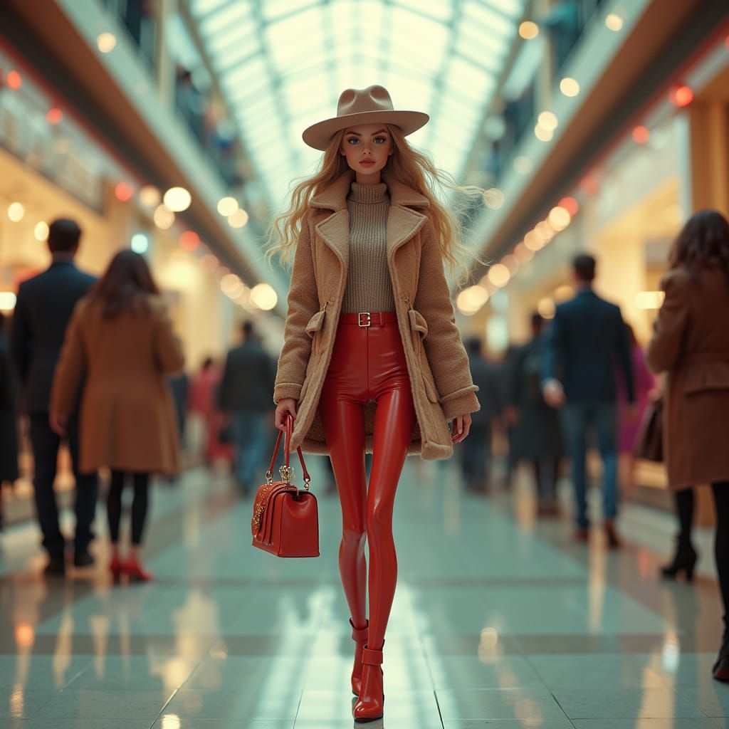 Elegant Supermodel Doll Walks Through Chaotic Shopping Mall