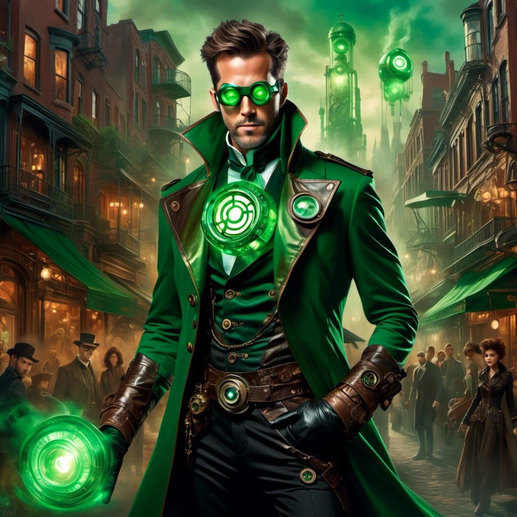 Steampunk Green Lantern Portrait in Oil Painting Style