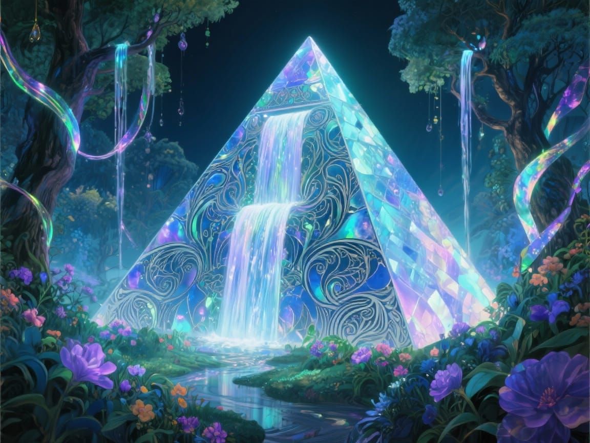 Mystical Crystal Pyramid with Cascading Waterfall in Art Nou...