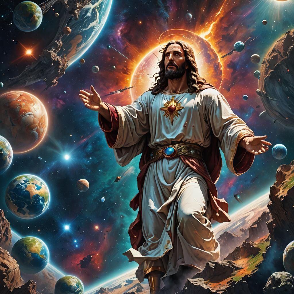 Hyperrealistic Jesus in Space Over Earth