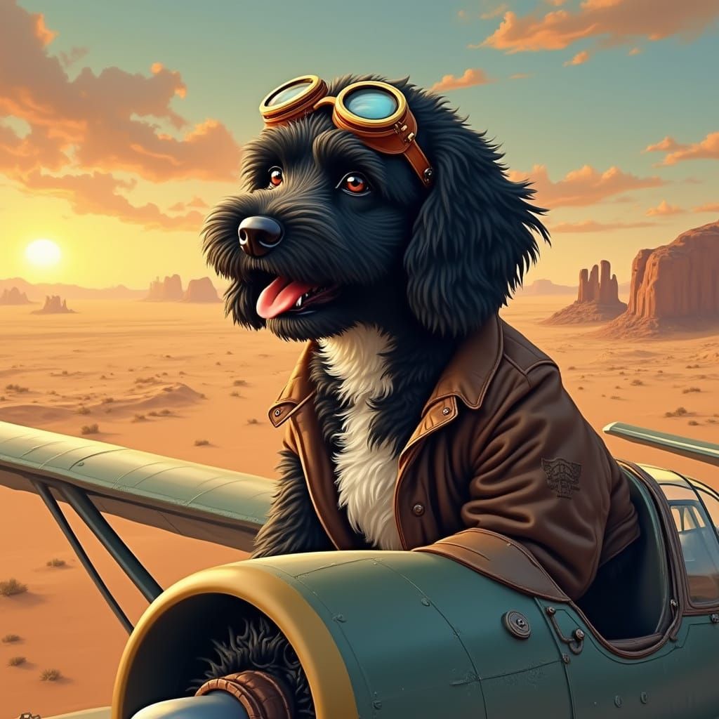 Charismatic Labradoodle in Vintage Fighter Plane, Sunset Des...