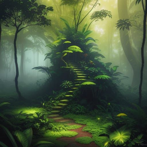 Vibrant Rainforest Scene with Exotic Flowers