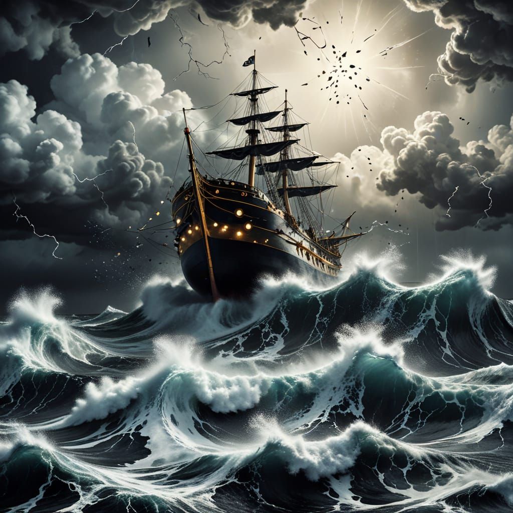 Ship Battles Stormy Sea in Surreal Graphic Art Style