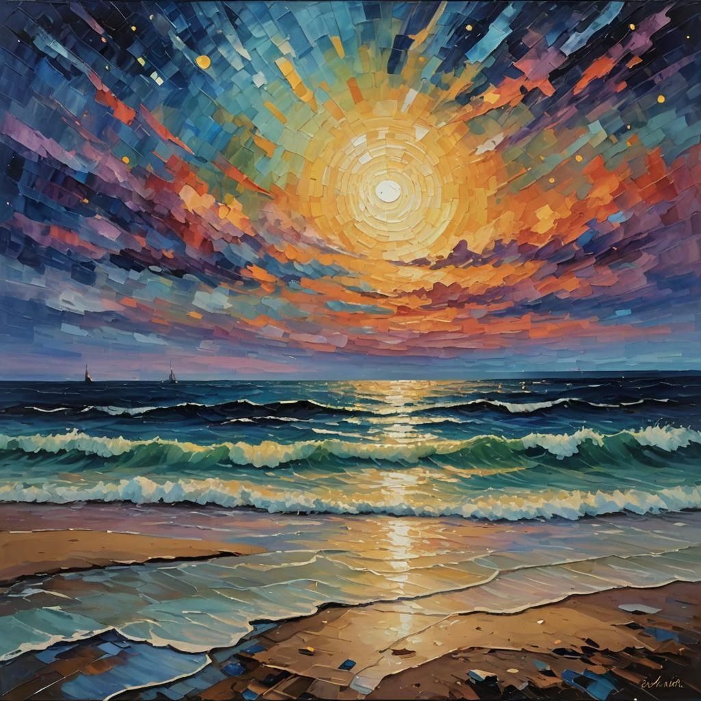 Summer Night Seascape in Expressionist Oil Painting