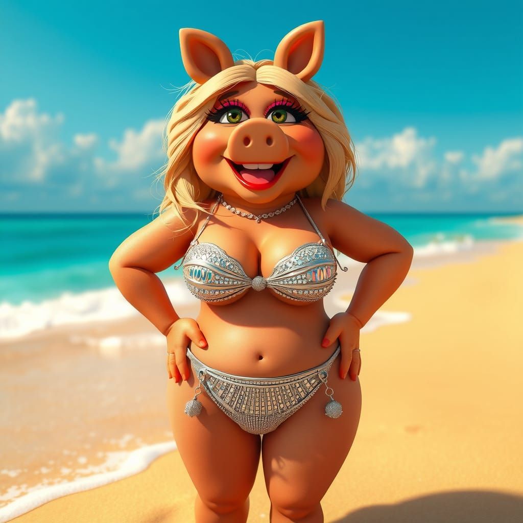 Miss Piggy vacationing on a sandy beach