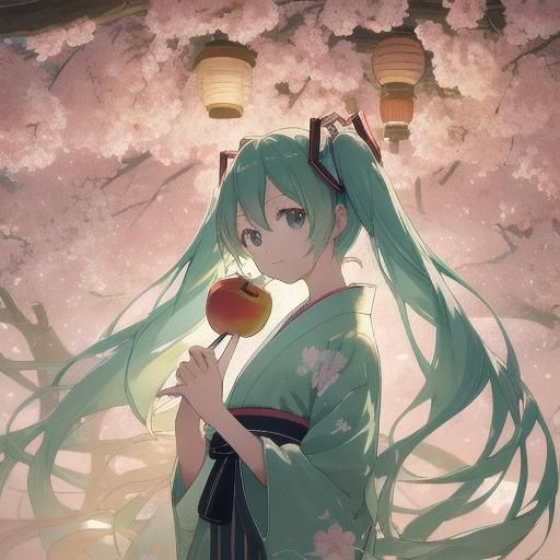 Hatsune Miku in Yukata with Apple Candy
