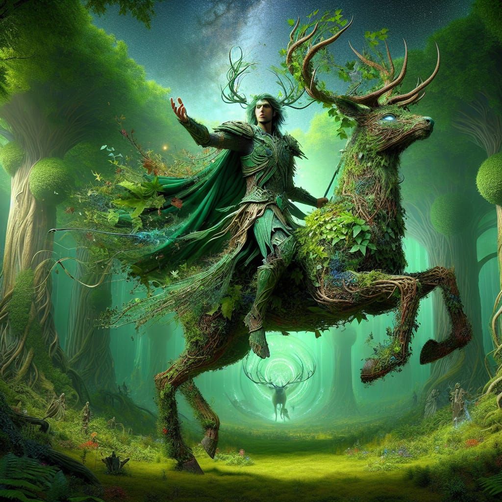 Green Guardian Astride Stag in Enchanting Forest