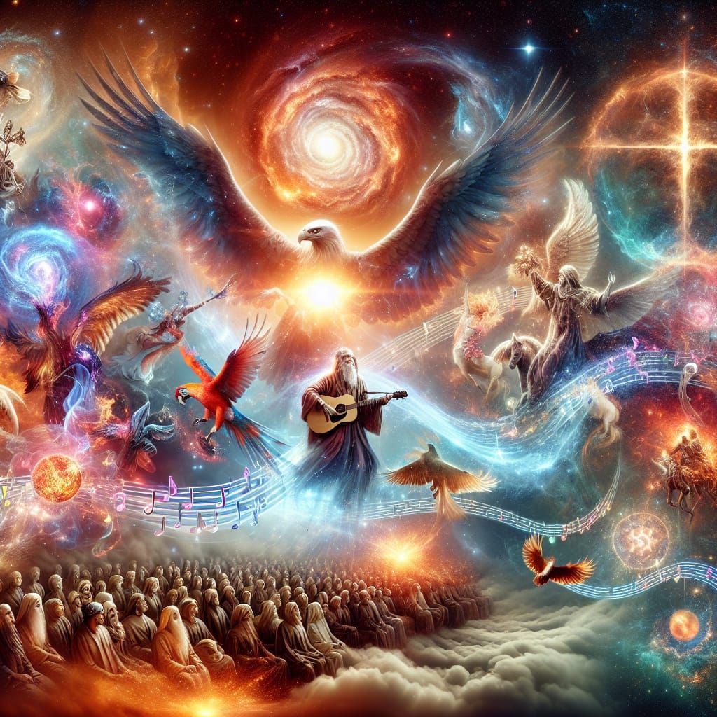 Vivid Supernova with Religious Figure and Cosmic Elements