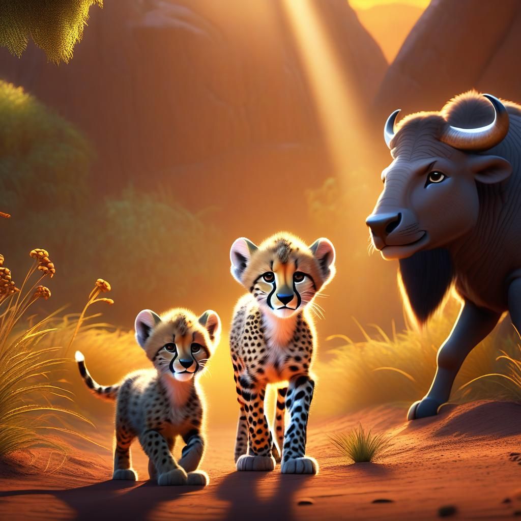 Cute Cheetah Stalks Buffalo, Pixar Style