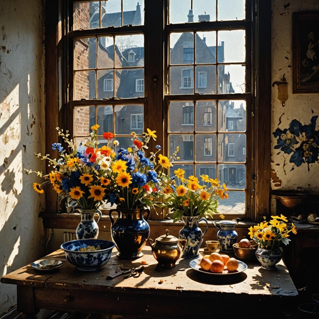 Dried Flowers Still Life in Delft Blue and Gold