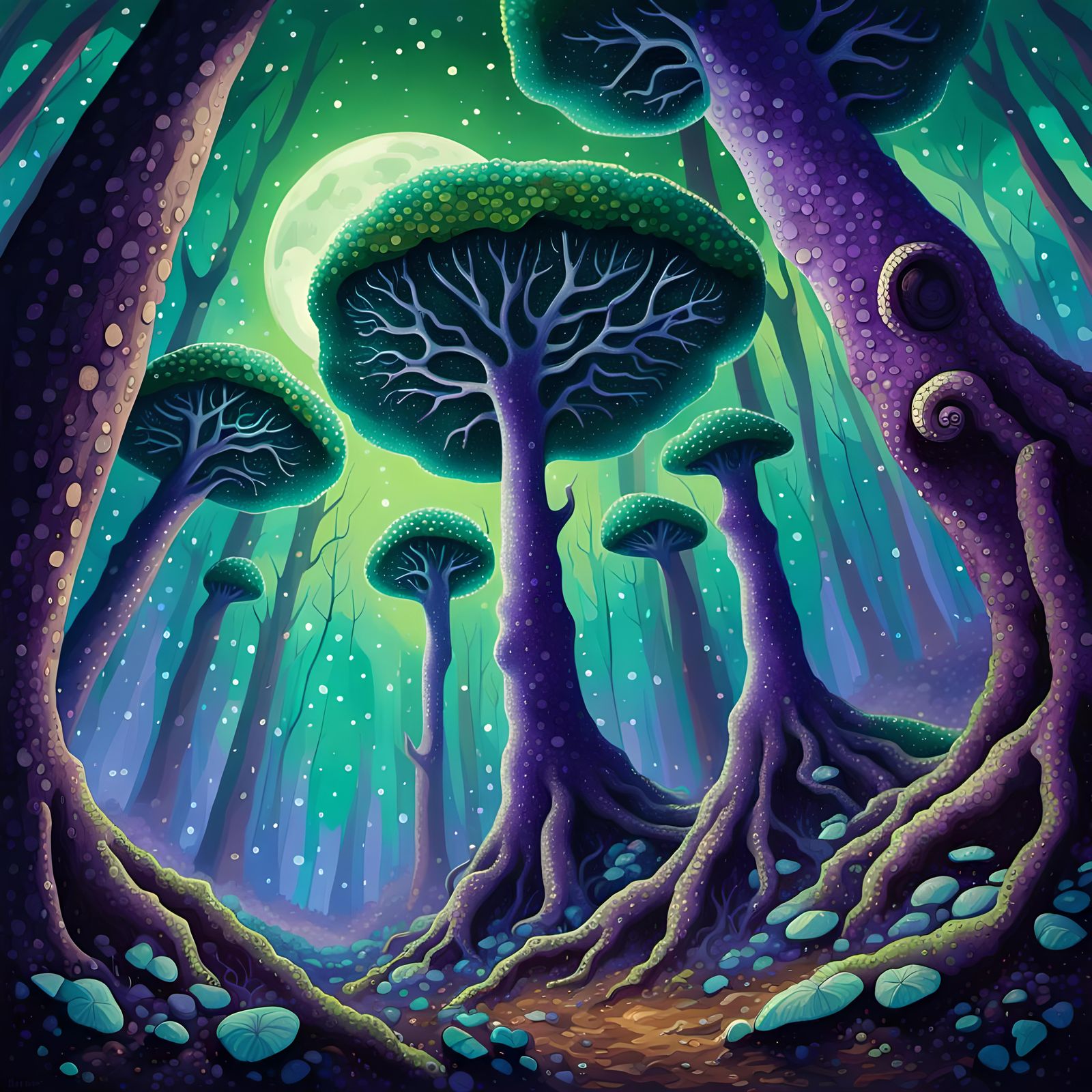 Reptilian Fungal Trees in Pointillist Style
