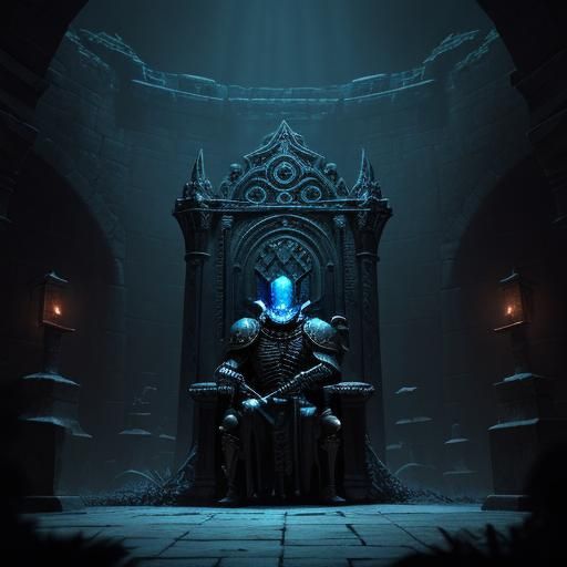 Skeleton Knight on Throne in Dark Dungeon