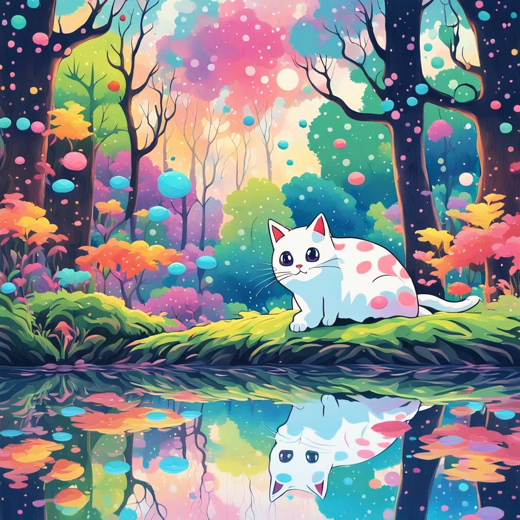 Adorable Anime Cat in Magical Forest Reflection