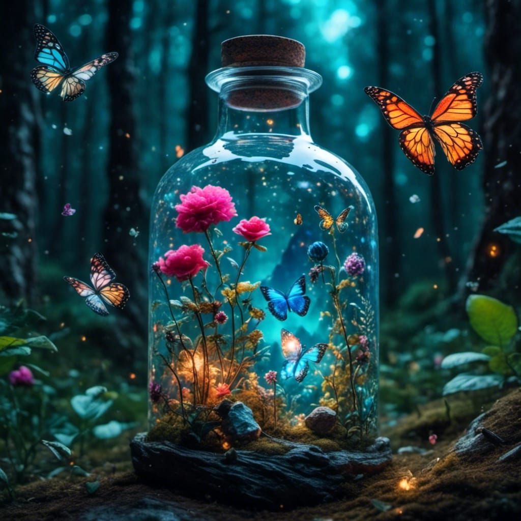 Pixies in Bottle Terrarium with Butterflies