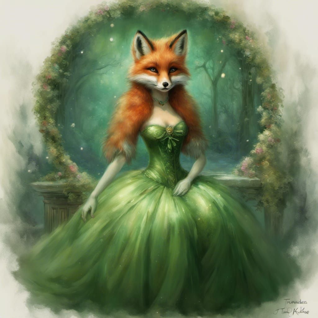Fox-Girl in Green Gown: Ethereal Fantasy Art