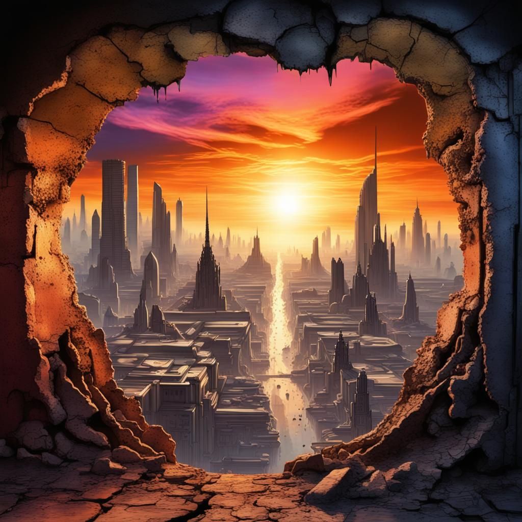 Alien Cityscape Sunset Through Crumbling Wall