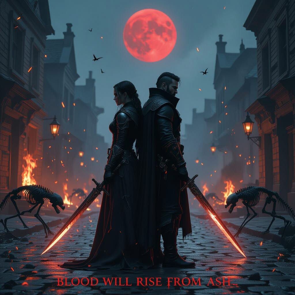 Cinematic Dark Fantasy Warriors in Burning Street