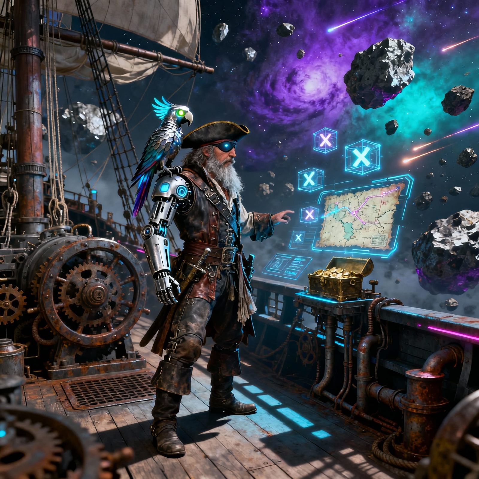 Cybernetic Space Pirate Captain Navigating Asteroids