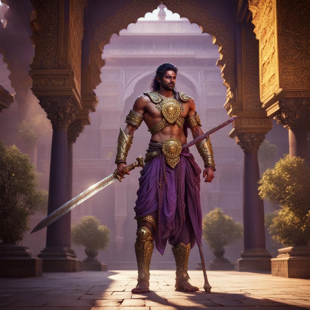 Indian Warrior in Royal Courtyard: Dark Fantasy Art