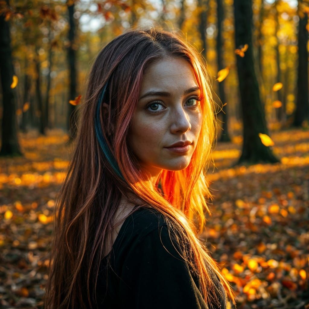 Woman with Rainbow Hair in Autumn Forest