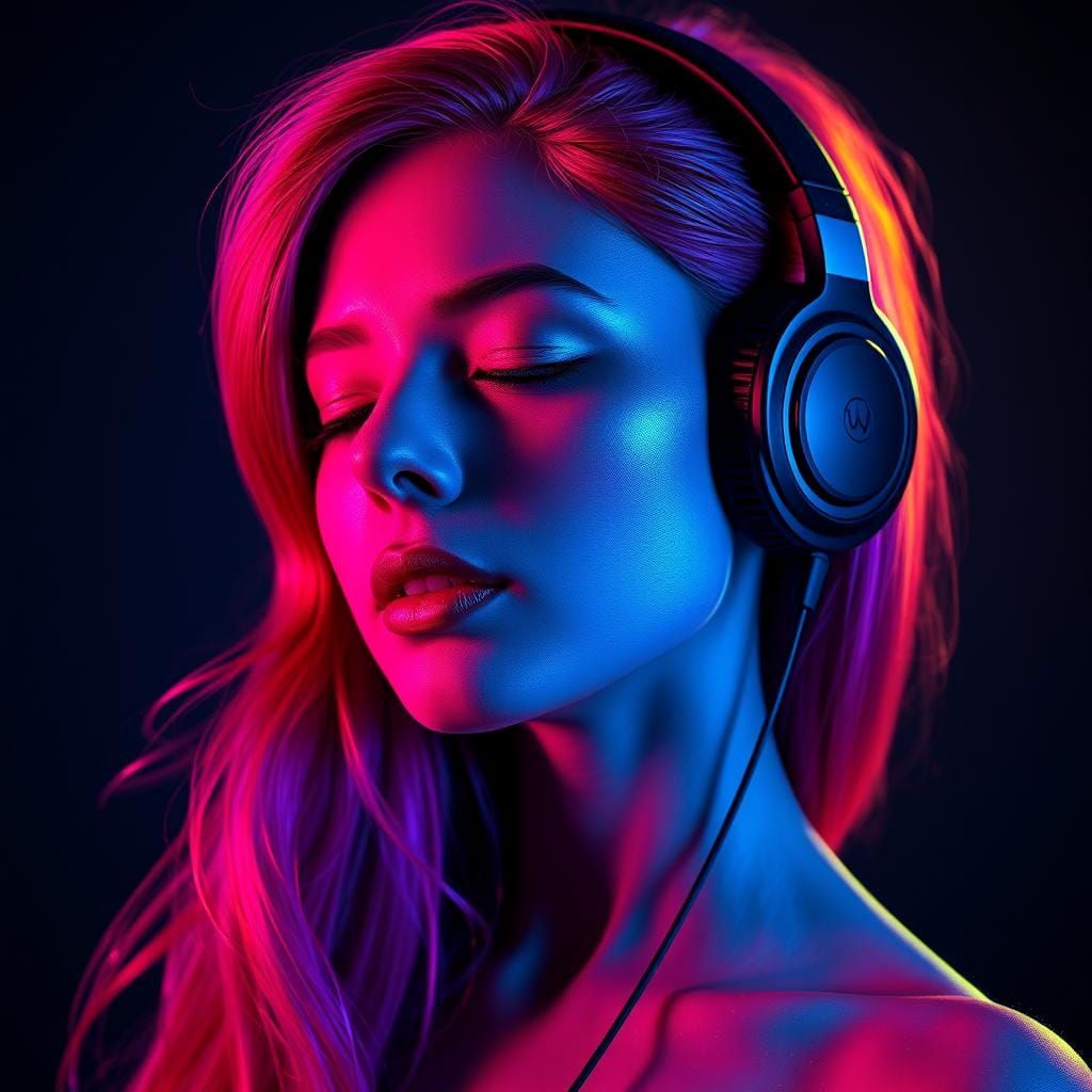 Ethereal Woman with Neon Hair Listening to Music
