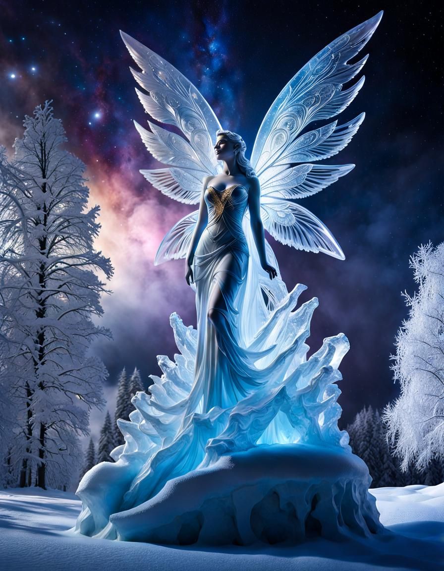 Ice Fairy Sculpture in Frozen Forest