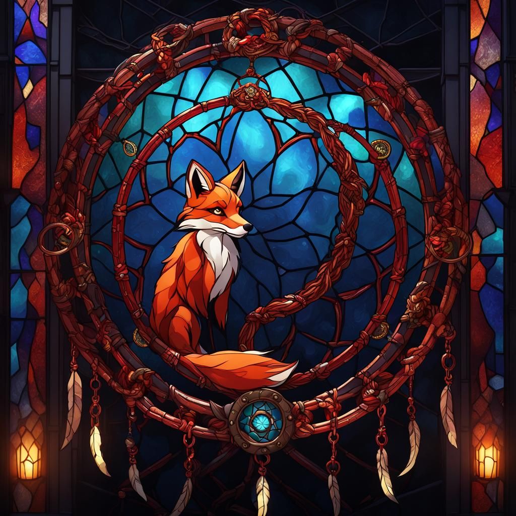 Stained Glass Dream Catcher with Fox and Chains