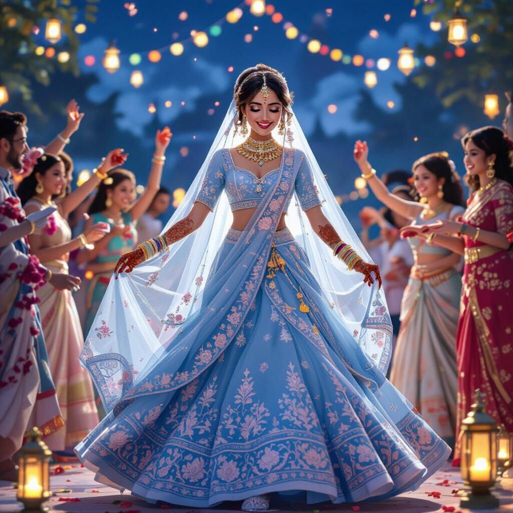 Indian Bride Dancing at Sangeet in Anime Style