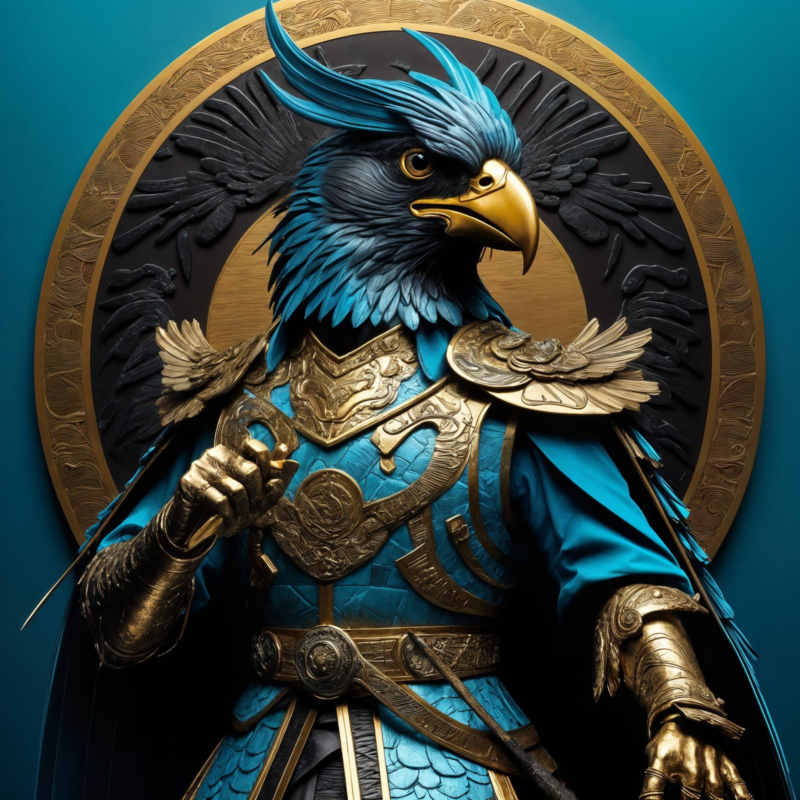 Epic Fantasy Bird Warrior in Cyberpunk Style