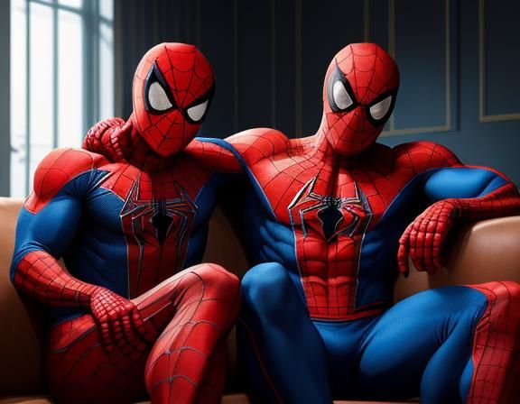 Muscular Spiderman Buddies Relaxing on a Couch