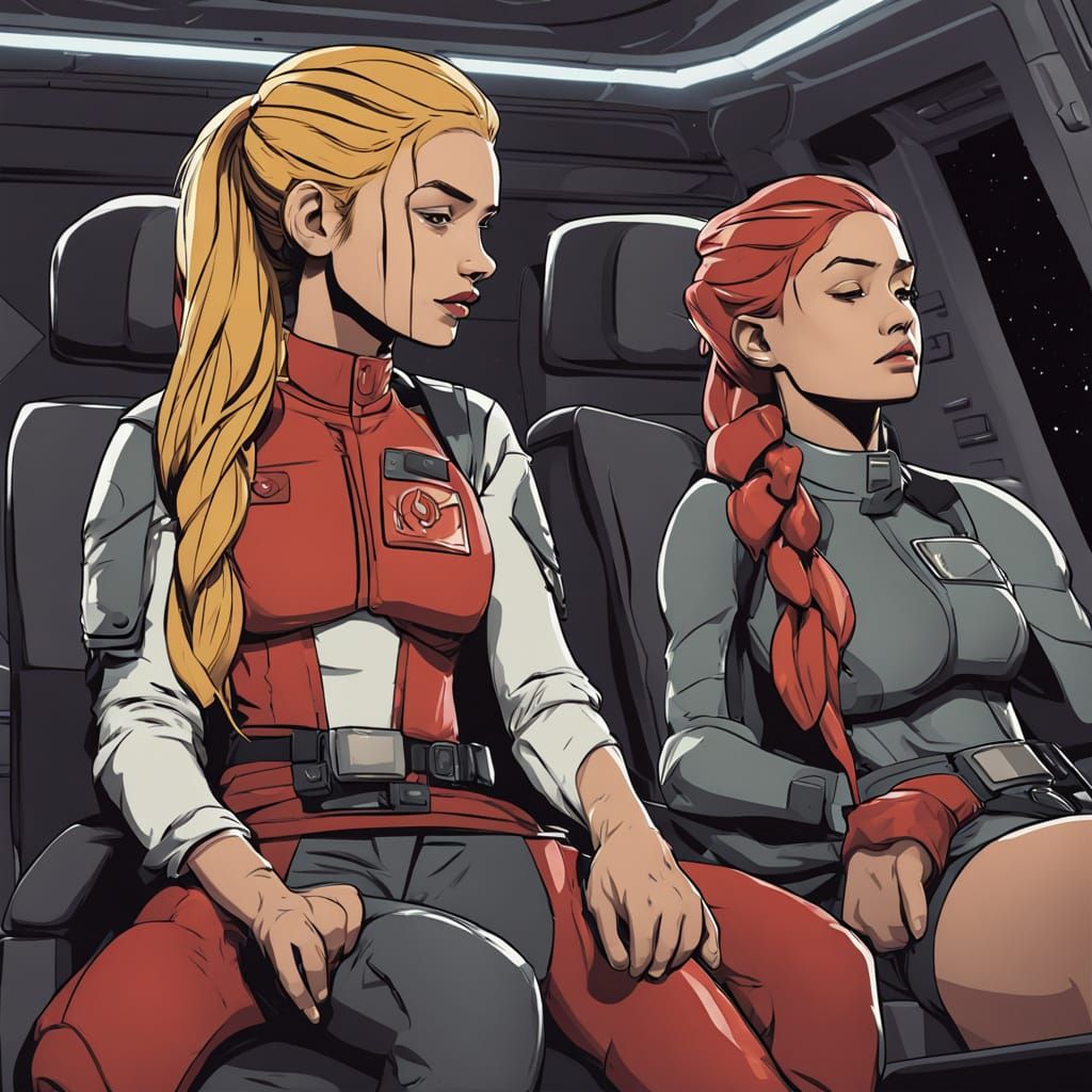 Petite Space Ranger Women in Torn Undersuits, Tender Moment ...