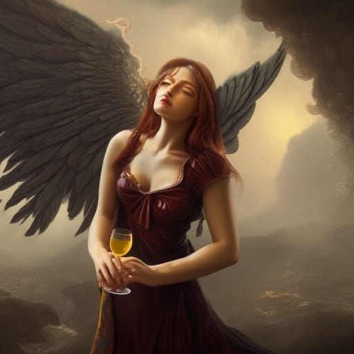 Elegant Angel Enjoying Wine in Detailed Painting