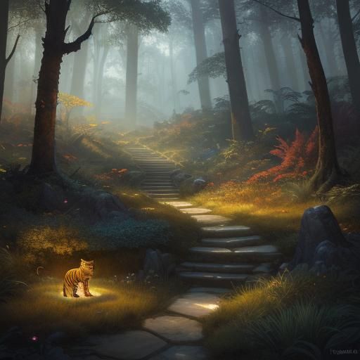 Lion-Tiger Hybrids in Mystical Forest, Detailed Matte Painti...